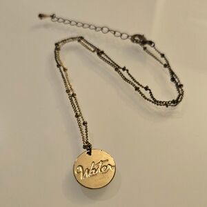 Gold Pendant Necklace Circle Round Charm, 16 Inch, Water Symbol, Beaded, Womens